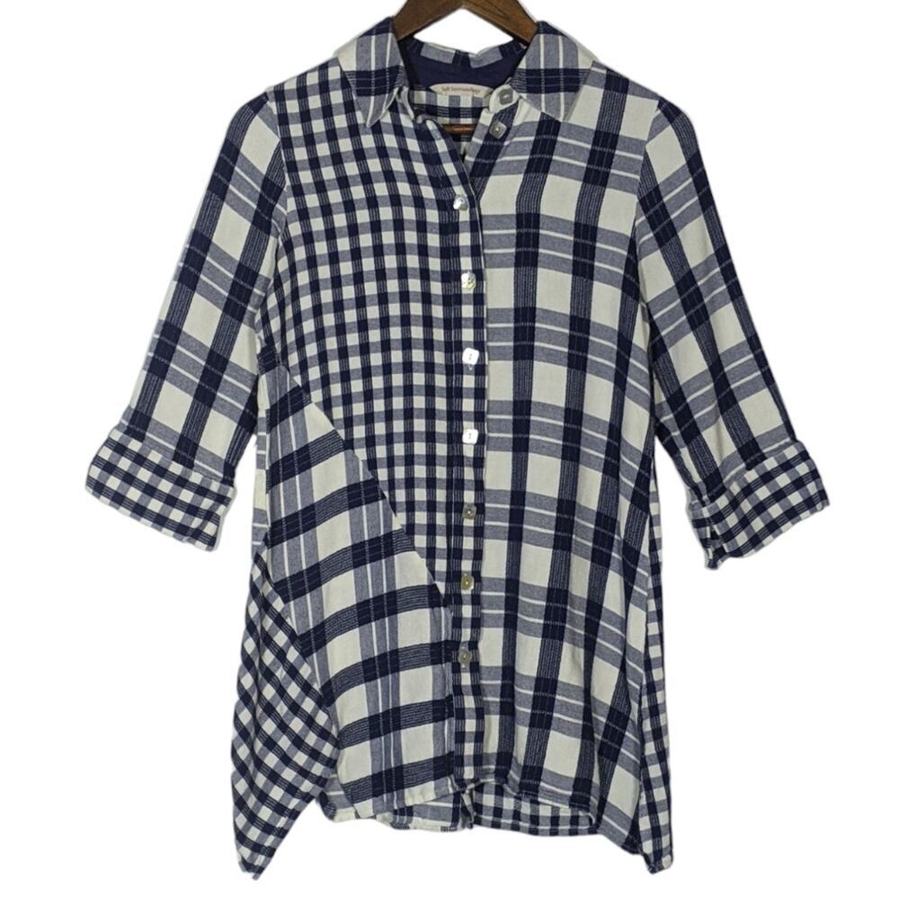 Soft Surroundings Blue Plaid Textured Huntleigh Lagenlook Buttons Tunic Top XS